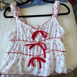 White Cherry Print Top with Red Accents